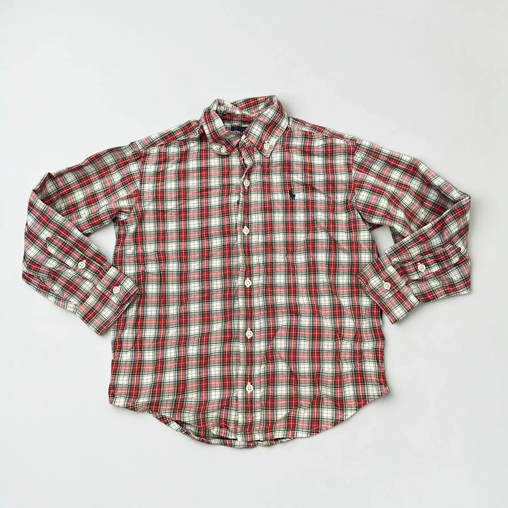 Ralph Lauren Boys Red Plaid Button Down Shirt Long Sleeve Size 5 Preppy Classic